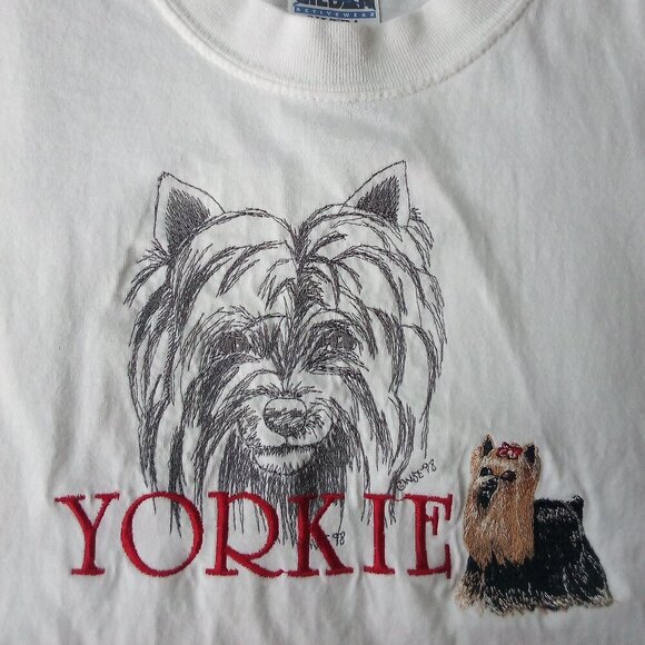 Vintage 90s Yorkie Yorkshire Terrier Embroidered T-Shirt - Picture 1 of 7